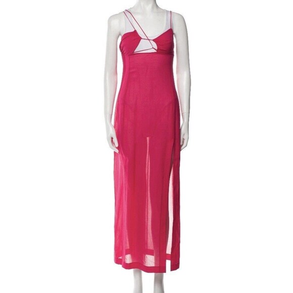 Nensi Dojaka Fuschia Asymmetric Neck Strap Maxi Thigh High Slit Slip Dress M NEW - Picture 3 of 15